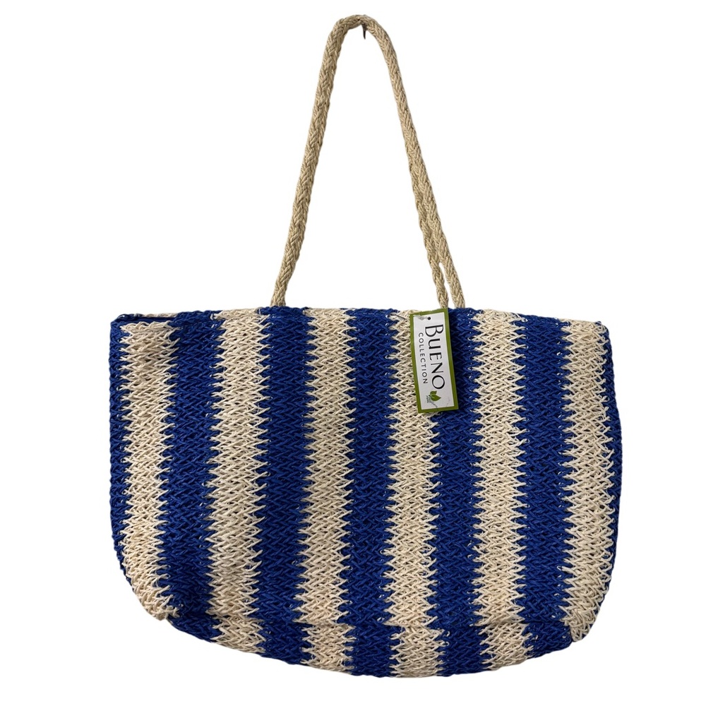 Bueno Collection Striped Straw‎ Bag Blue Tan Travel Beach Vacation Resortwear